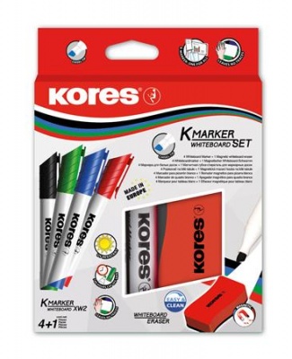 Tábla- és flipchart marker készlet mágneses táblatörlő szivaccsal, 3-5 mm, vágott, KORES "XW2", 4 különböző szín